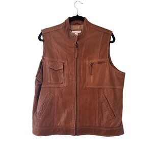 Coldwater Creek Womens Brown Leather Utility Vest L Zip Pockets Snap Closures